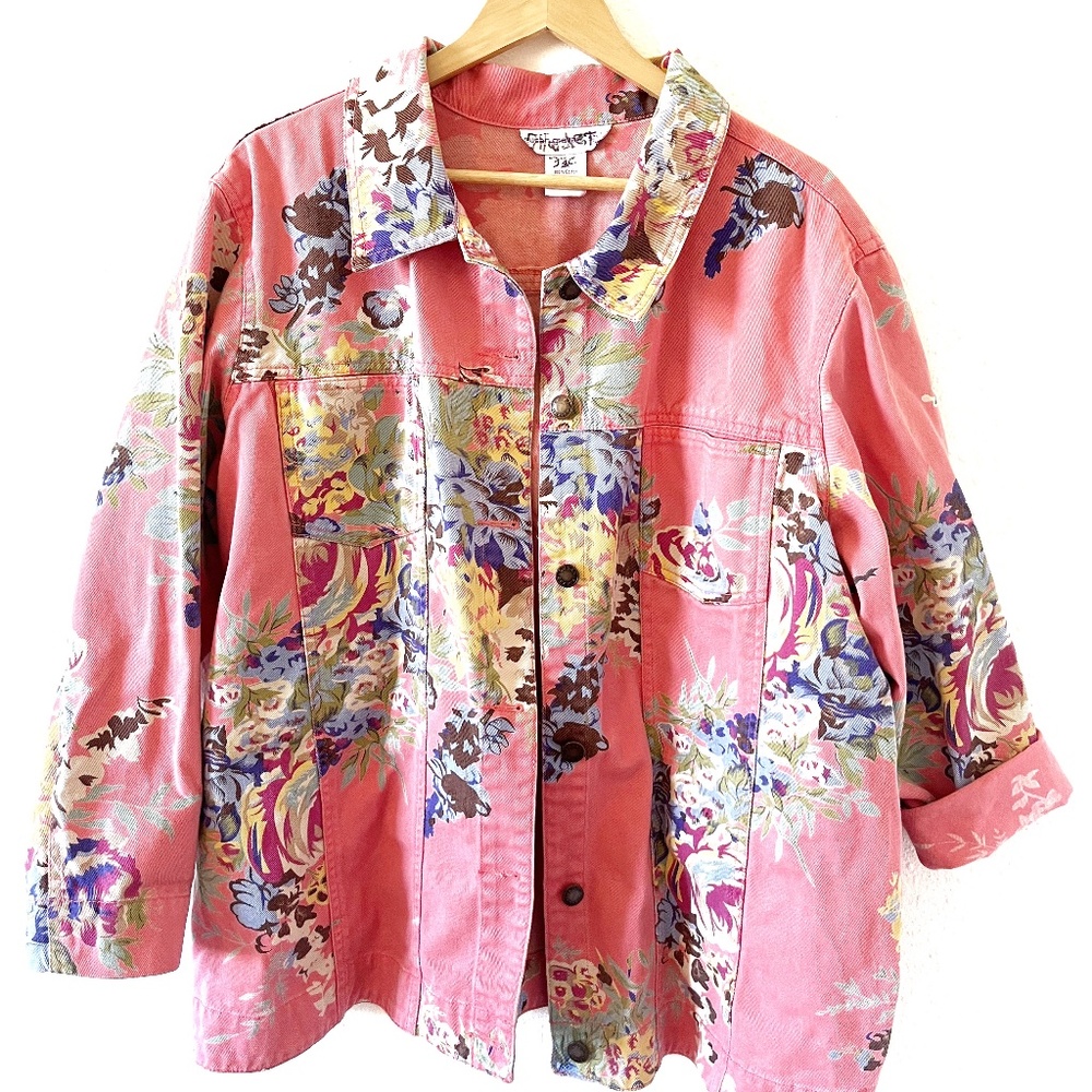Susan Graver Women's 2XL 100% Cotton Vintage Pink Denim Floral Jacket